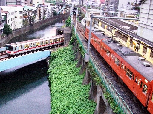 丸ノ内線と中央線列車(御茶ノ水駅)